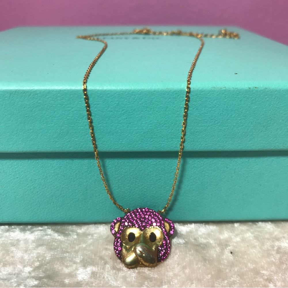 FREE Gabi Rielle Pink Rhinstones Sparkly Glam Cute Monkey Speak No Evil Necklace - Picture 2 of 9